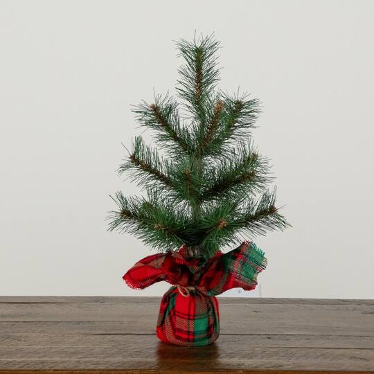 Nearly Natural 16" Unlit Artificial Christmas Tree with Tartan Plaid Flannel Wrapped Base